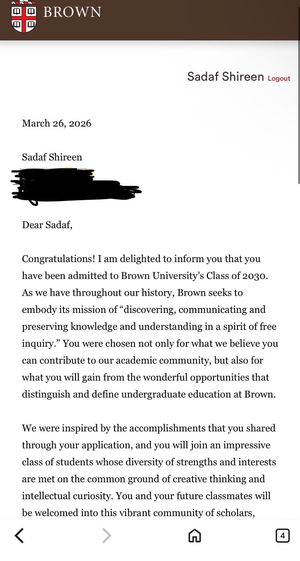 Brown University acceptance letter for Sadaf Shireen