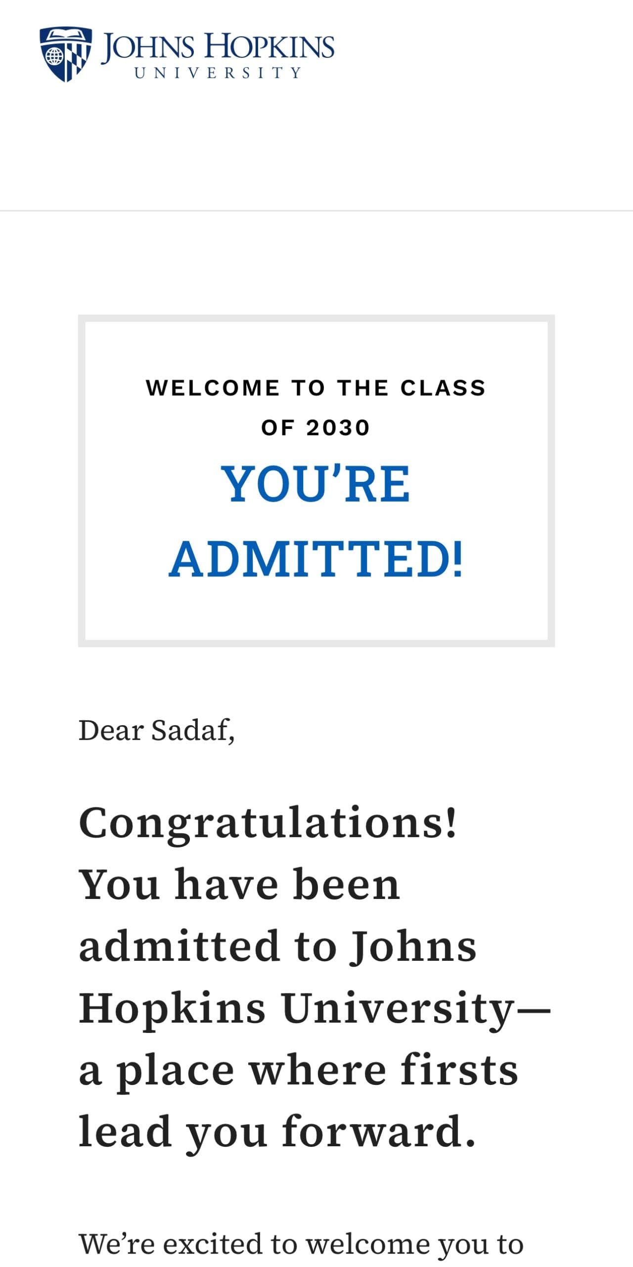 Johns Hopkins acceptance letter for Sadaf Shireen