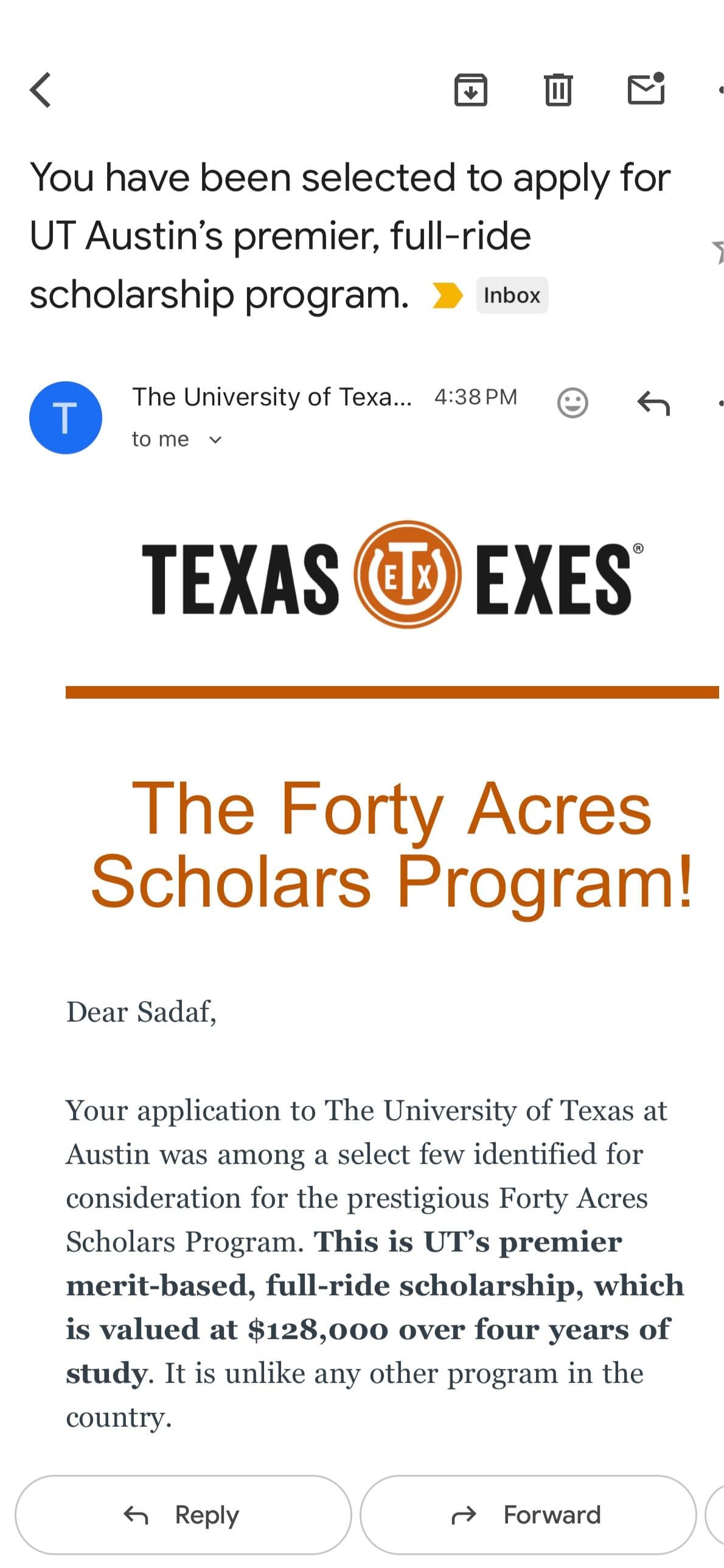 UT Austin acceptance letter for Sadaf Shireen