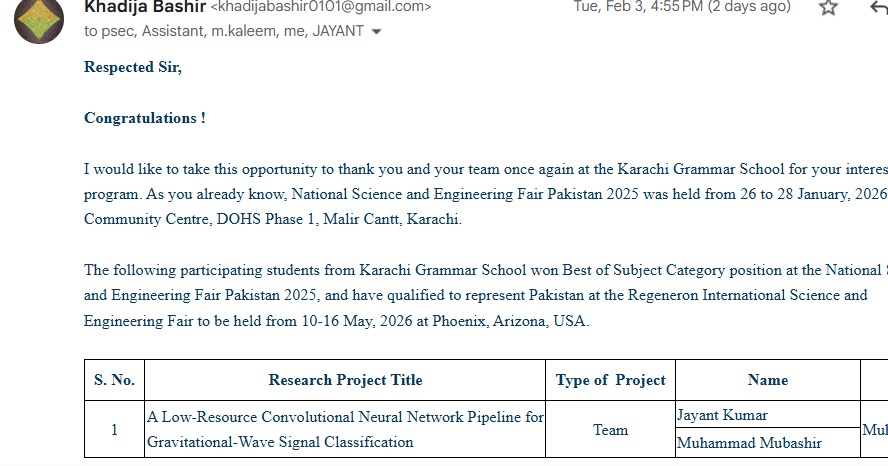 Official letter confirming Mubashir and Jayant qualified to represent Pakistan at Regeneron ISEF 2026